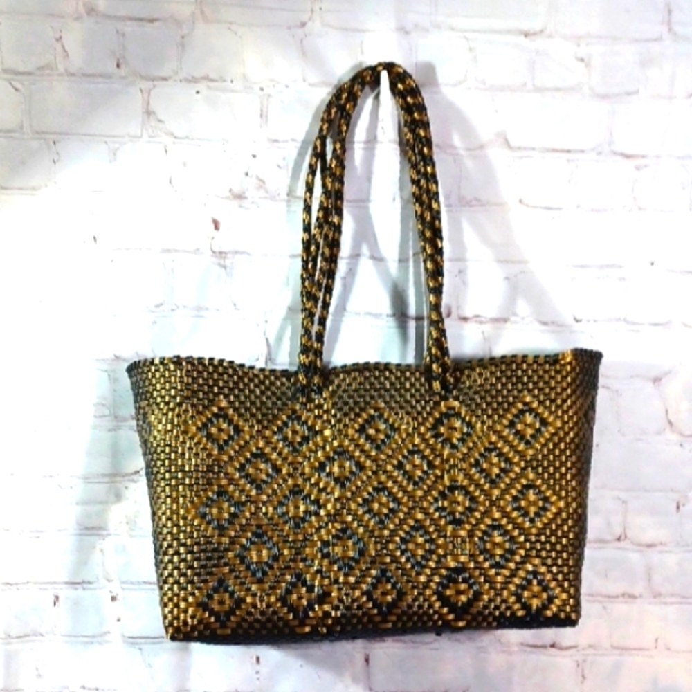 HandMade Brown & Cream  Diamond Pattern  Tote Bag W/Double Handles New 1…